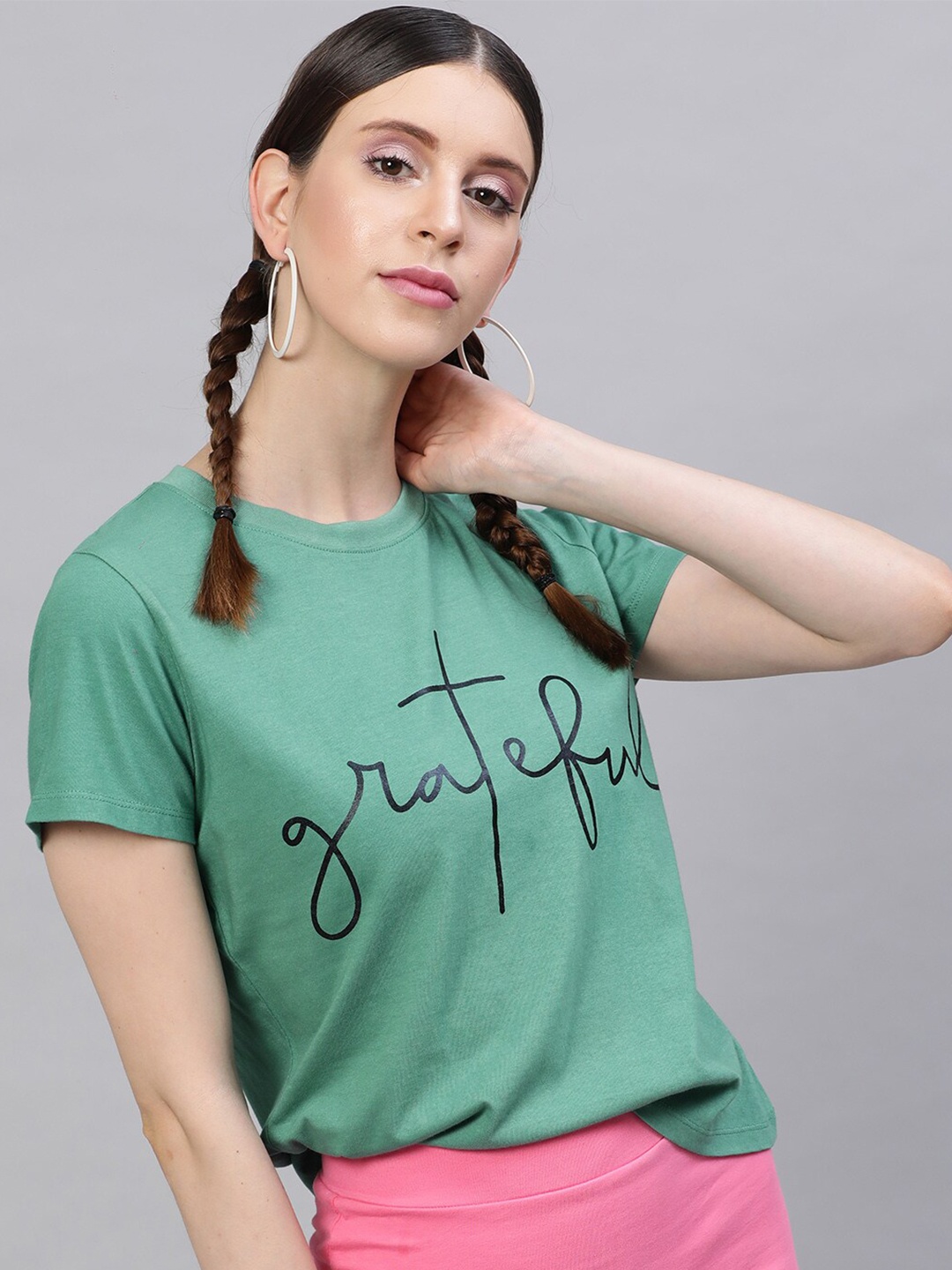 

STREET 9 Women Green Printed Round Neck Pure Cotton T-shirt