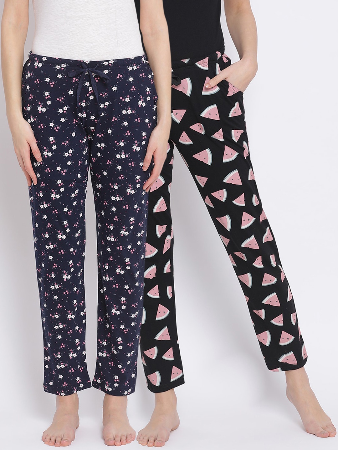 

Kanvin Women Pack Of 2 Printed Cotton Lounge Pants, Navy blue