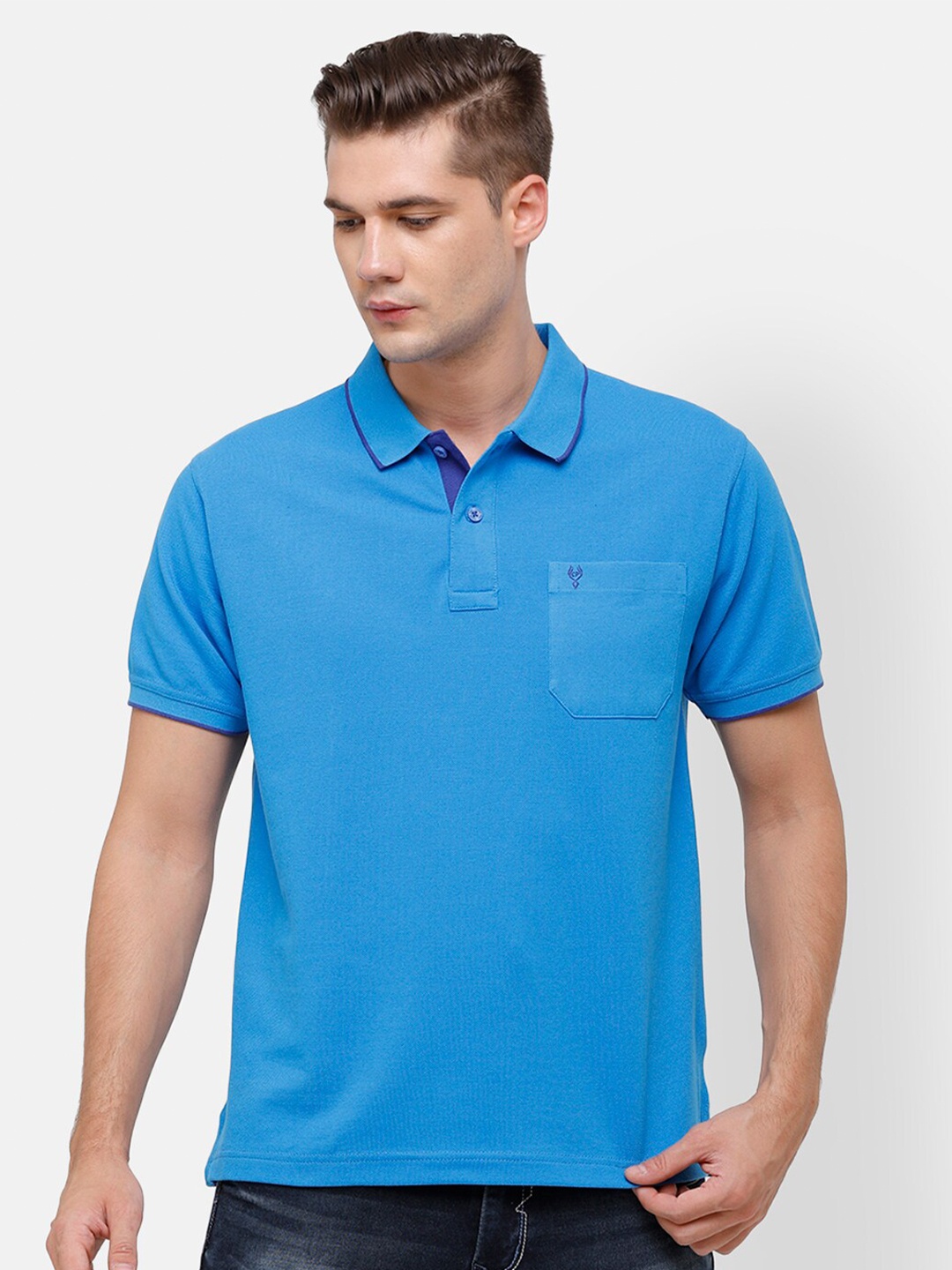 

Classic Polo Men Blue Solid Polo Collar Cotton T-shirt