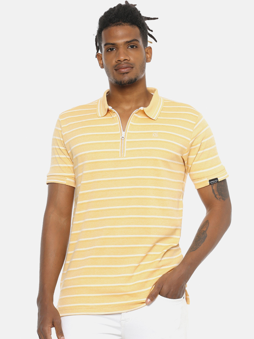 

Campus Sutra Men Yellow Striped Polo Collar Pure Cotton T-shirt