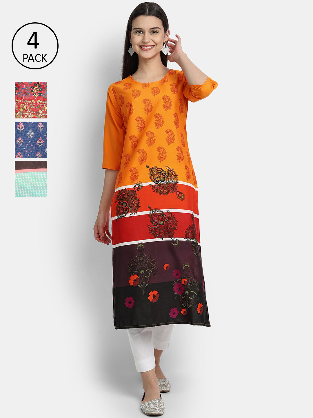 

Ethnic basket Pack of 4 Women Multicoloured Ethnic Motifs Printed Crepe Kurta, Multi