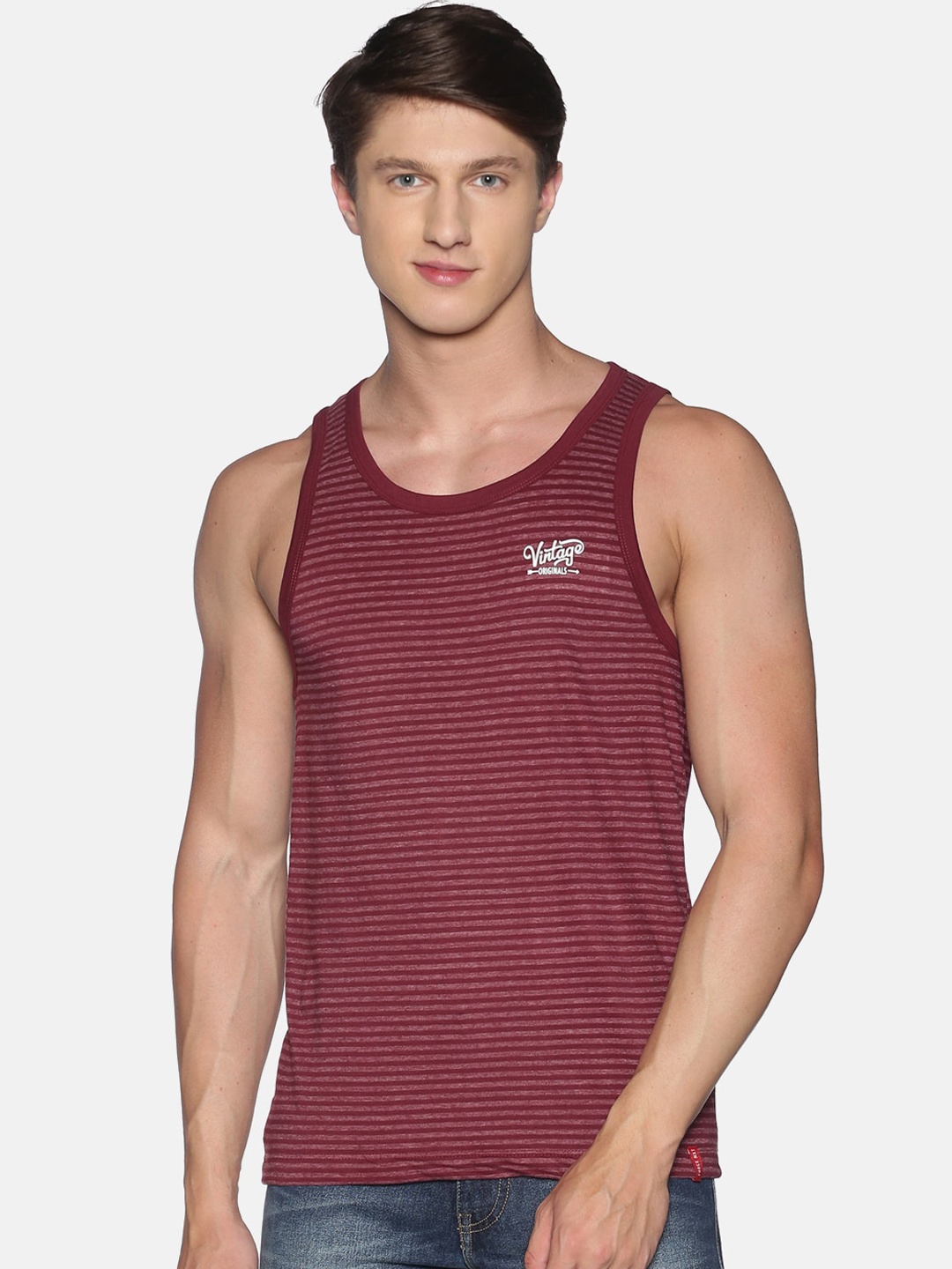 Force NXT Men Striped Premium Cotton Innerwear Vest, Maroon