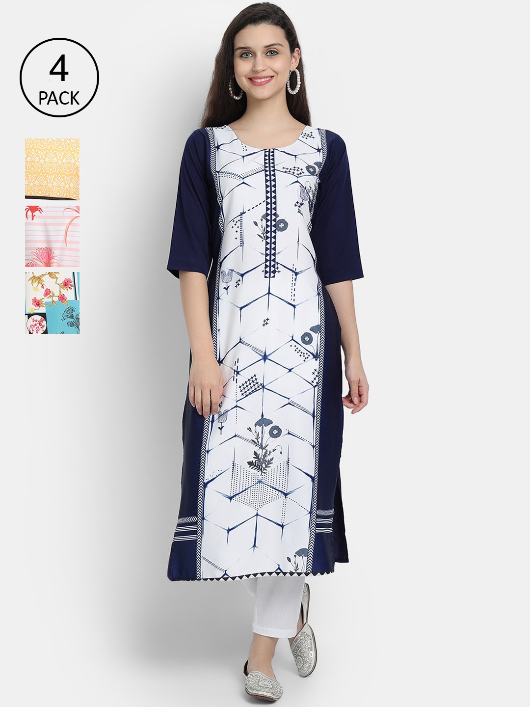 

Ethnic basket Women Pack Of 4 Printed Crepe Kurta, White