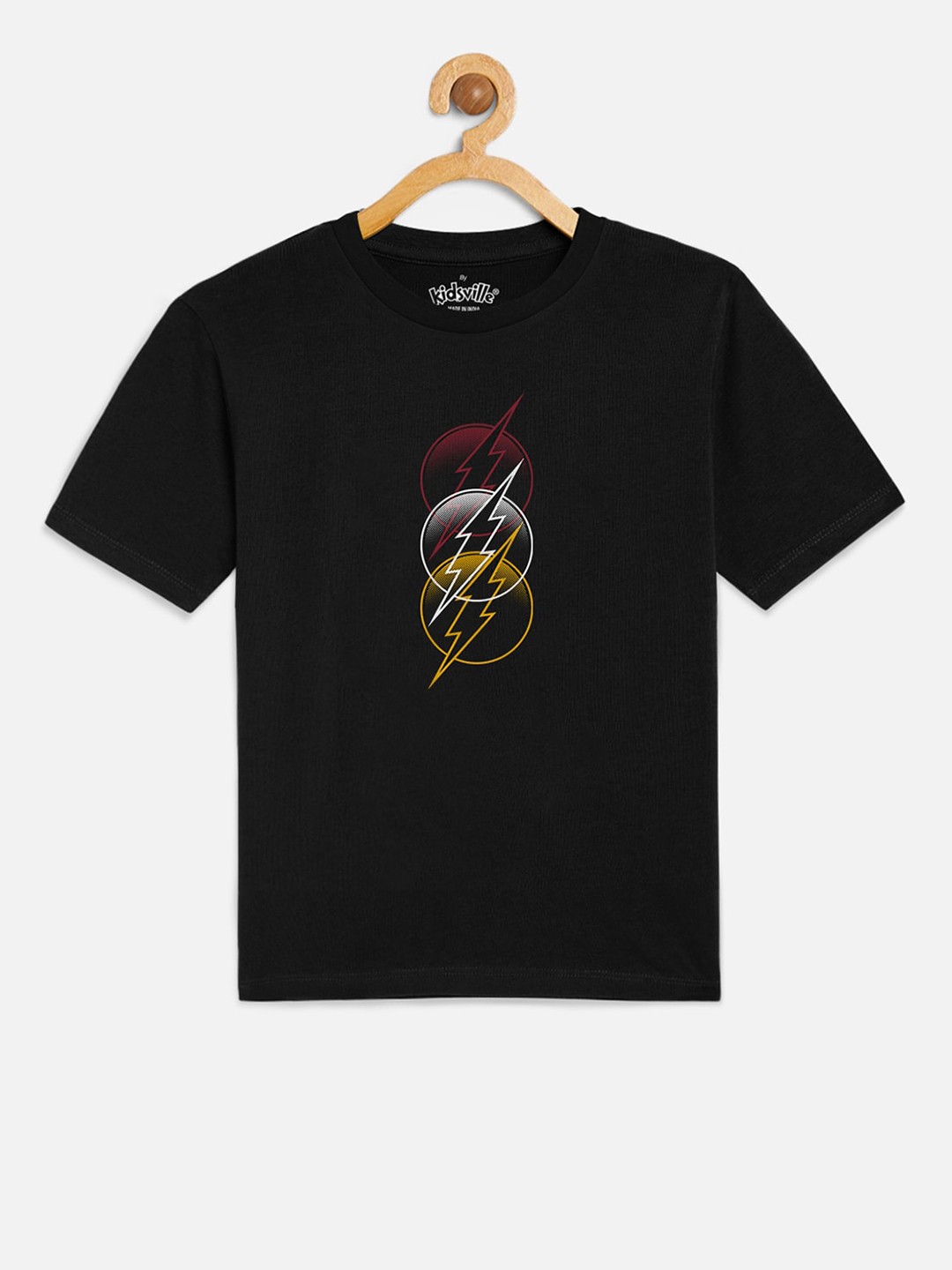 

Kids Ville Boys Black Flash Printed Round Neck Pure Cotton T-shirt