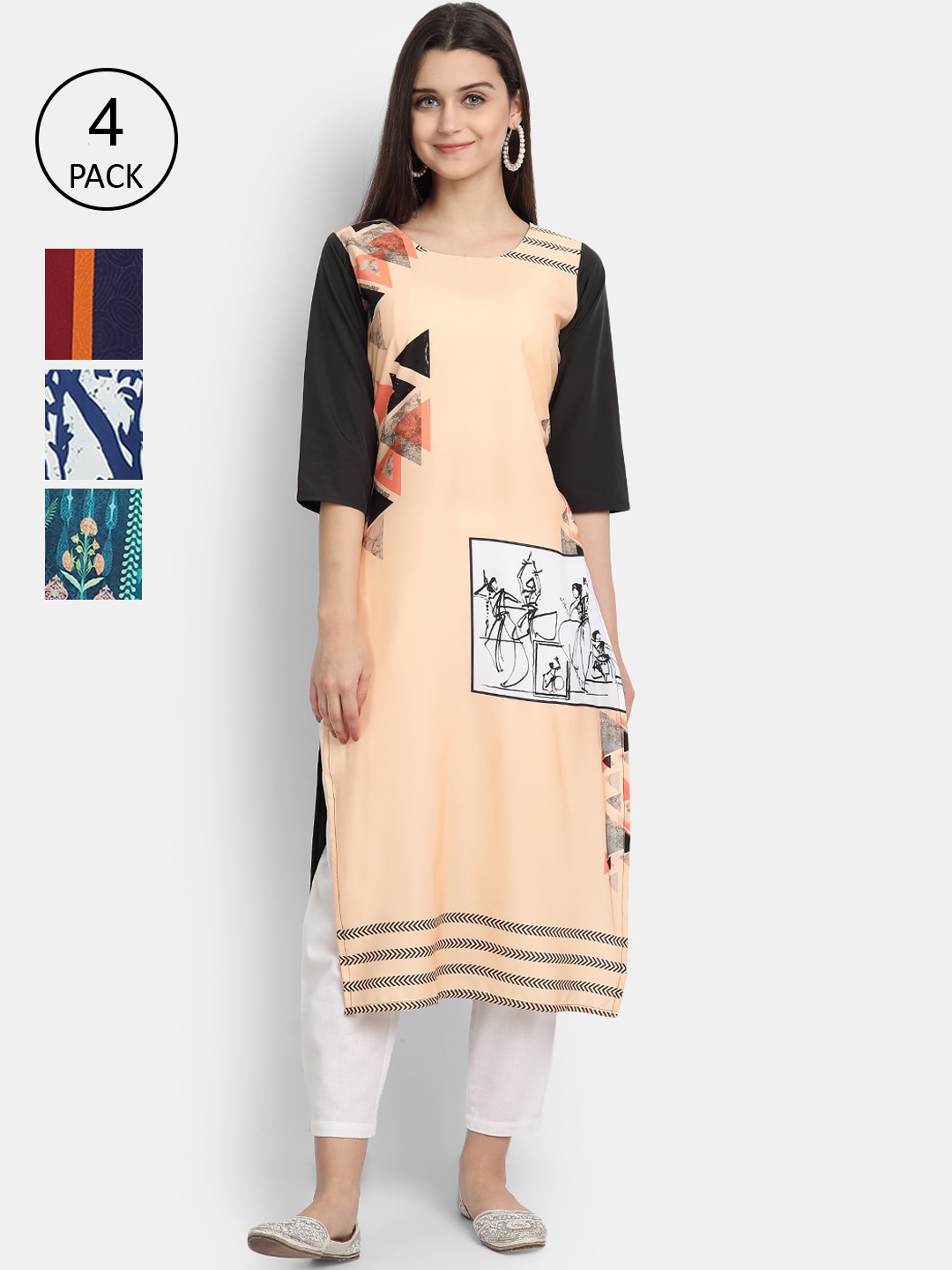 

Ethnic basket Women Pack Of 4 Ethnic Motifs Printed Crepe Kurta, Multi