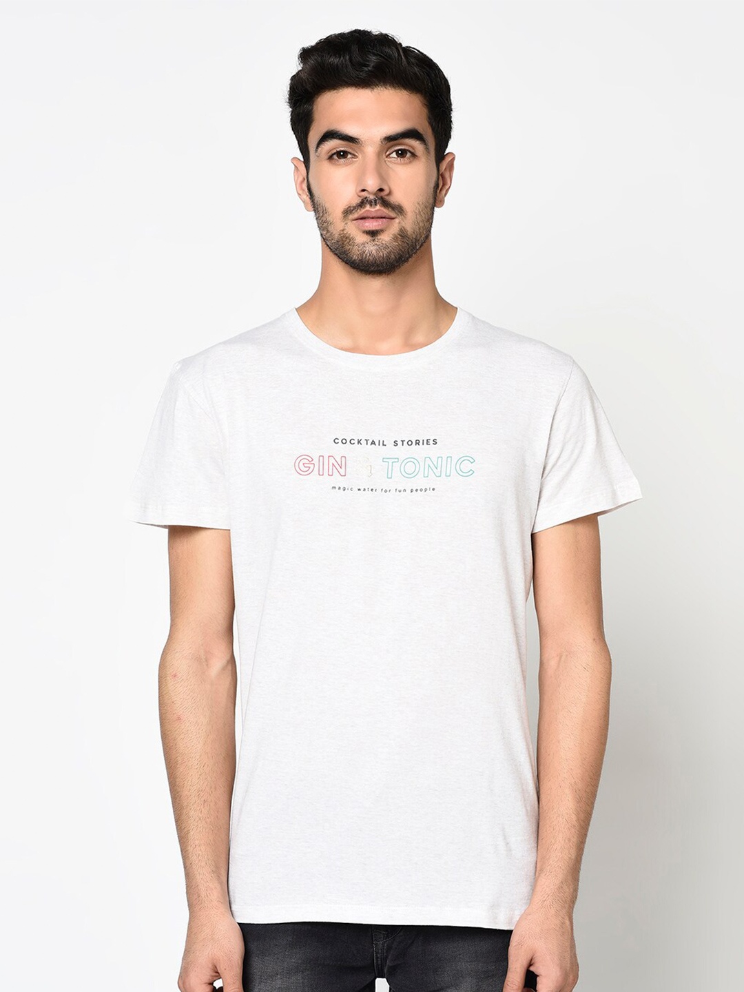 Octave Men Grey Melange Typography Printed Cotton T-shirt