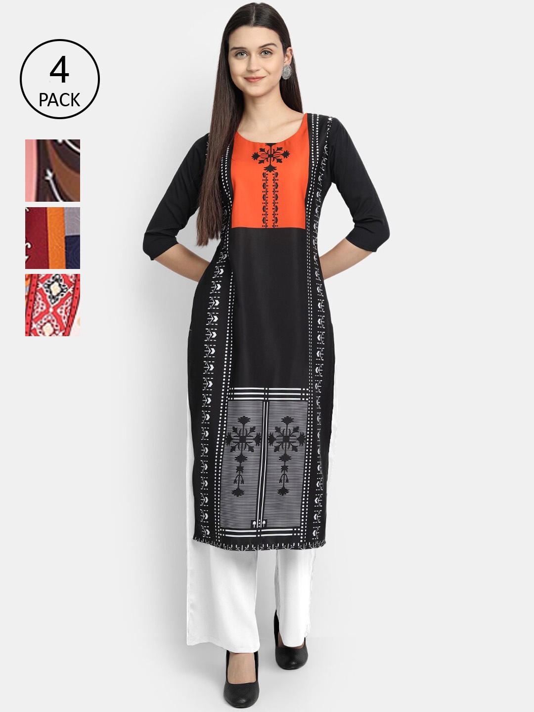 Ethnic basket Women Multicoloured Geometric Printed Thread Work Crepe Kurta, Multi