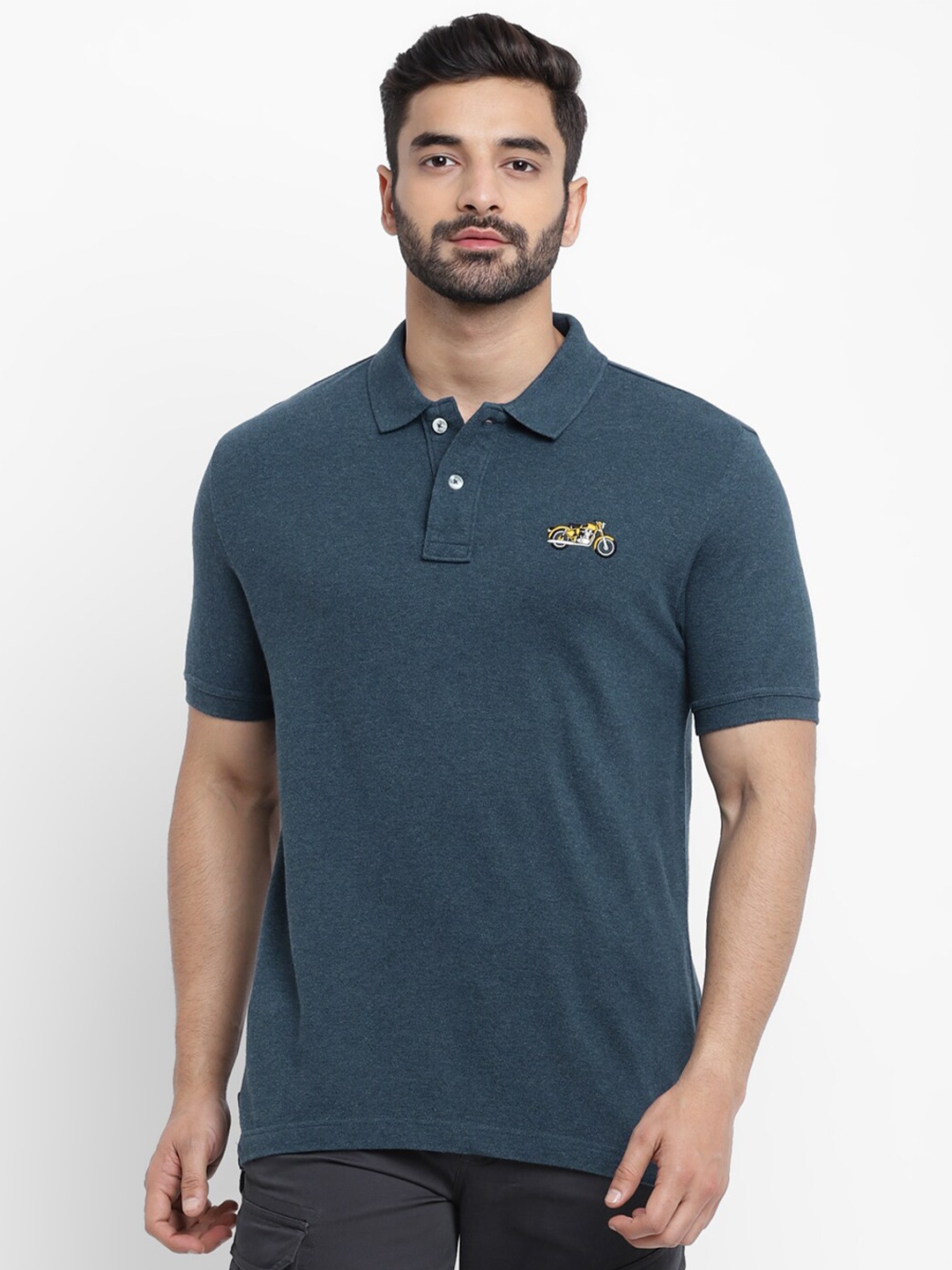

Royal Enfield Men Navy Blue Solid Polo Collar T-shirt