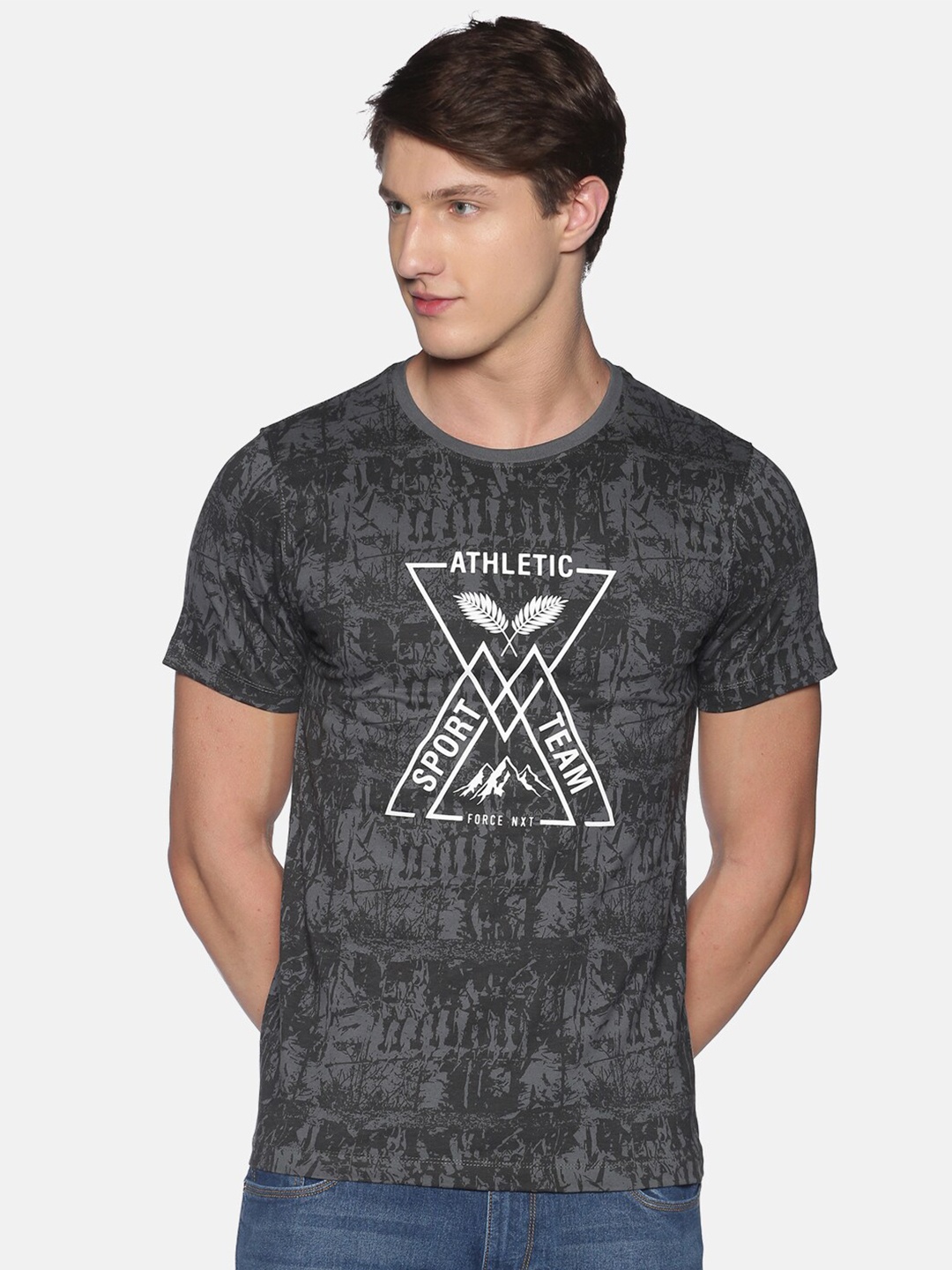 

Force NXT Men Printed Pack of 1 Super Combed Cotton T-Shirt, Grey