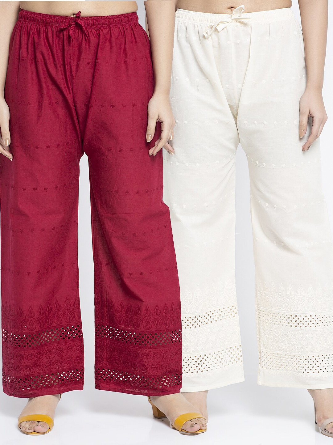 

GRACIT Women Pack Of 2 Maroon & Off-White Embroidered Flared Cotton Palazzos