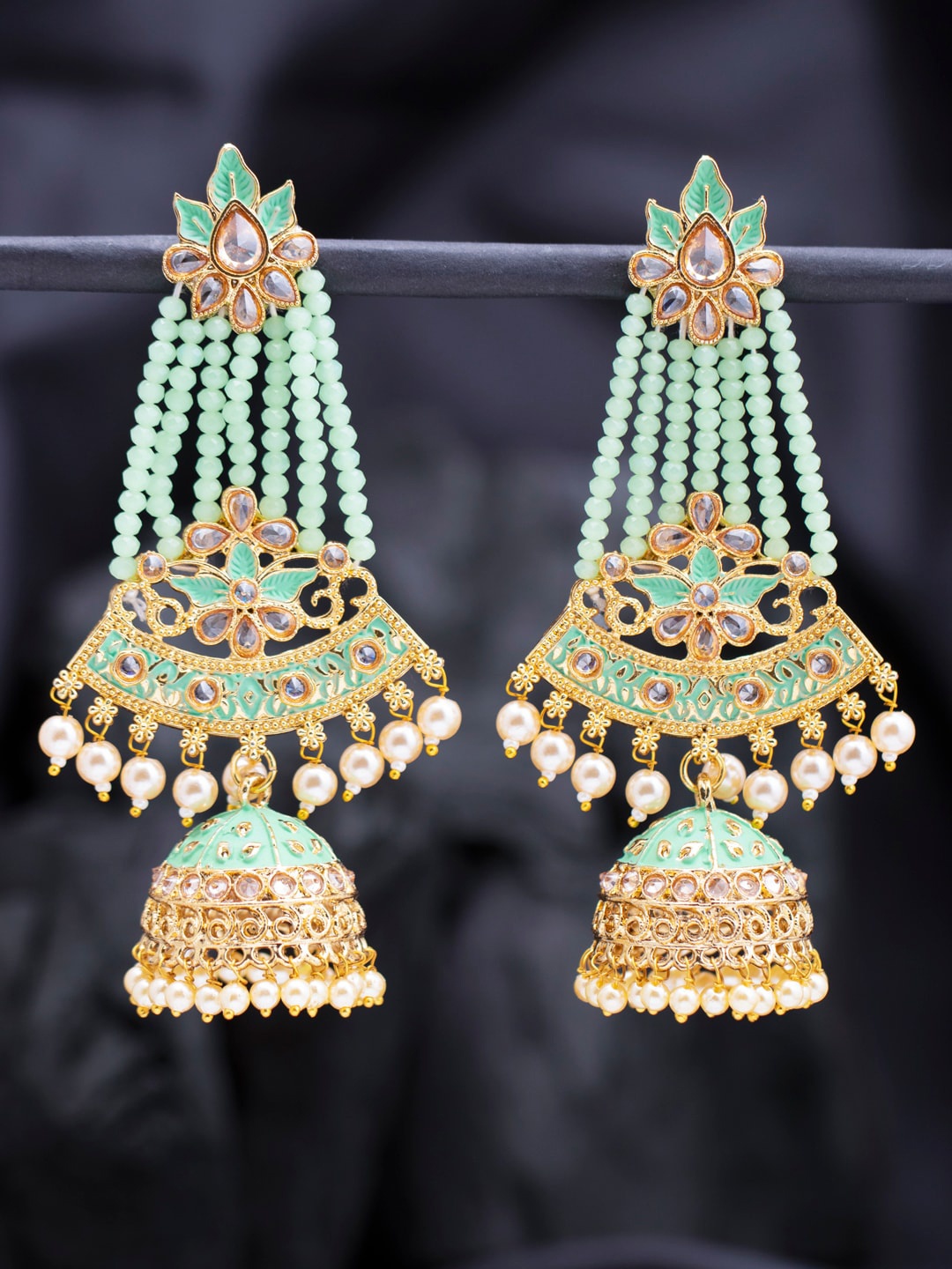 

Sukkhi Sea Green Gold-Plated Kundan Studded & Beaded Meenakari Dome Shaped Jhumkas