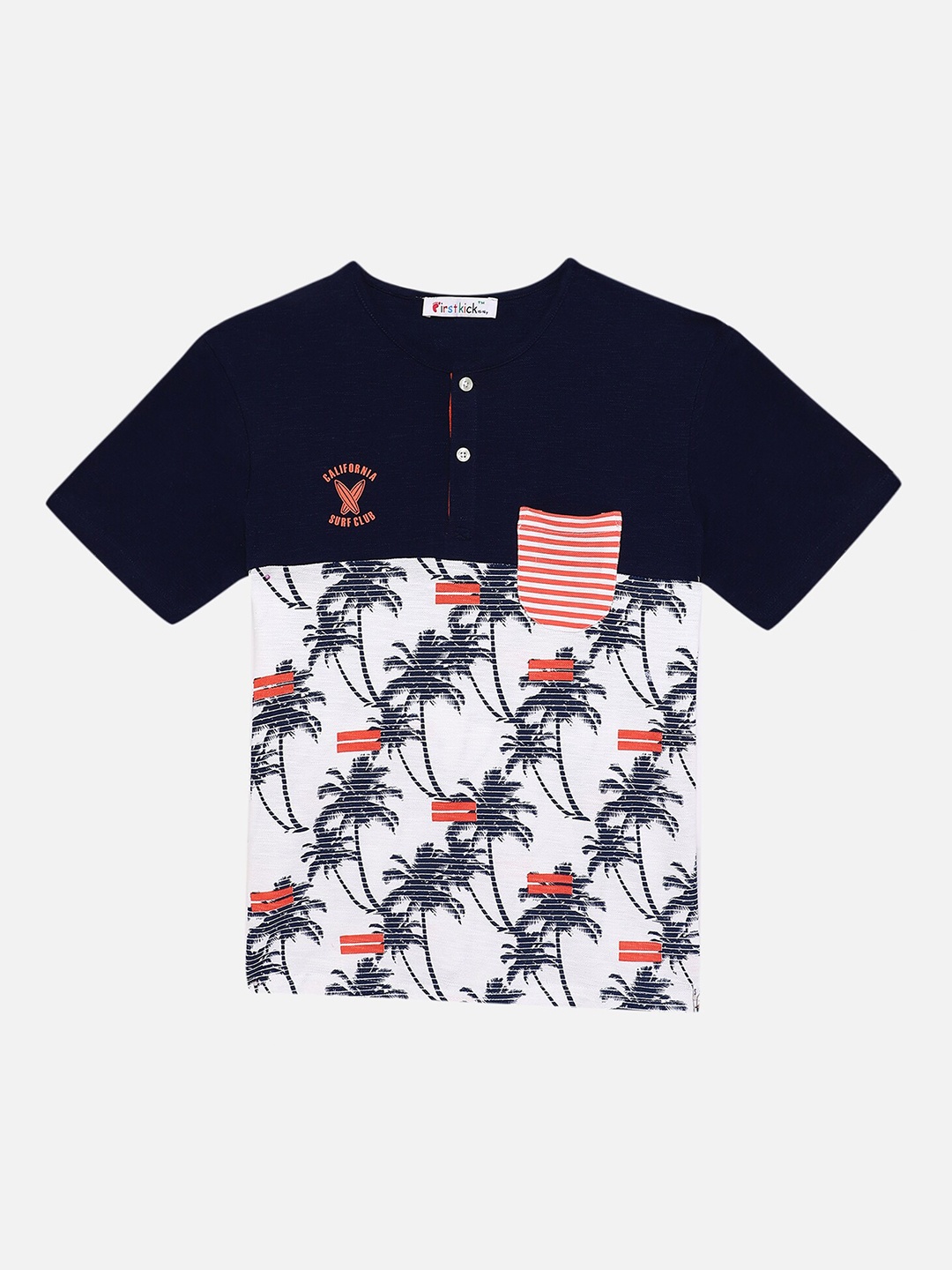 

First Kick Boys Navy Blue & White Printed Henley Neck T-shirt