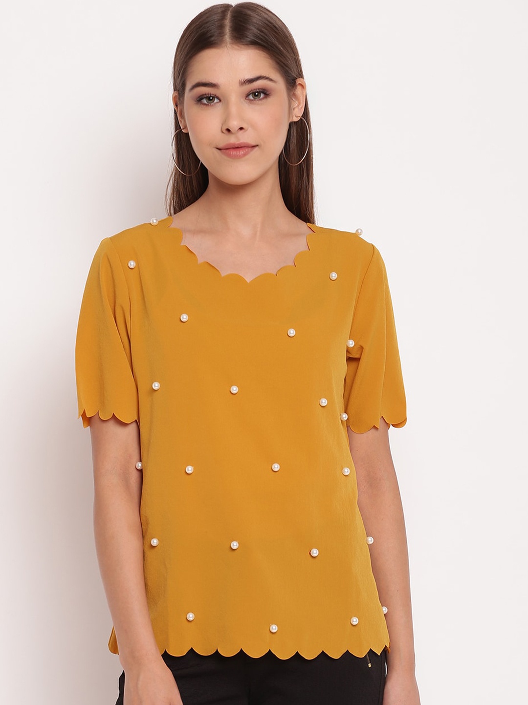 

AKIMIA Mustard Yellow Pearl Embellished Crepe Regular Top