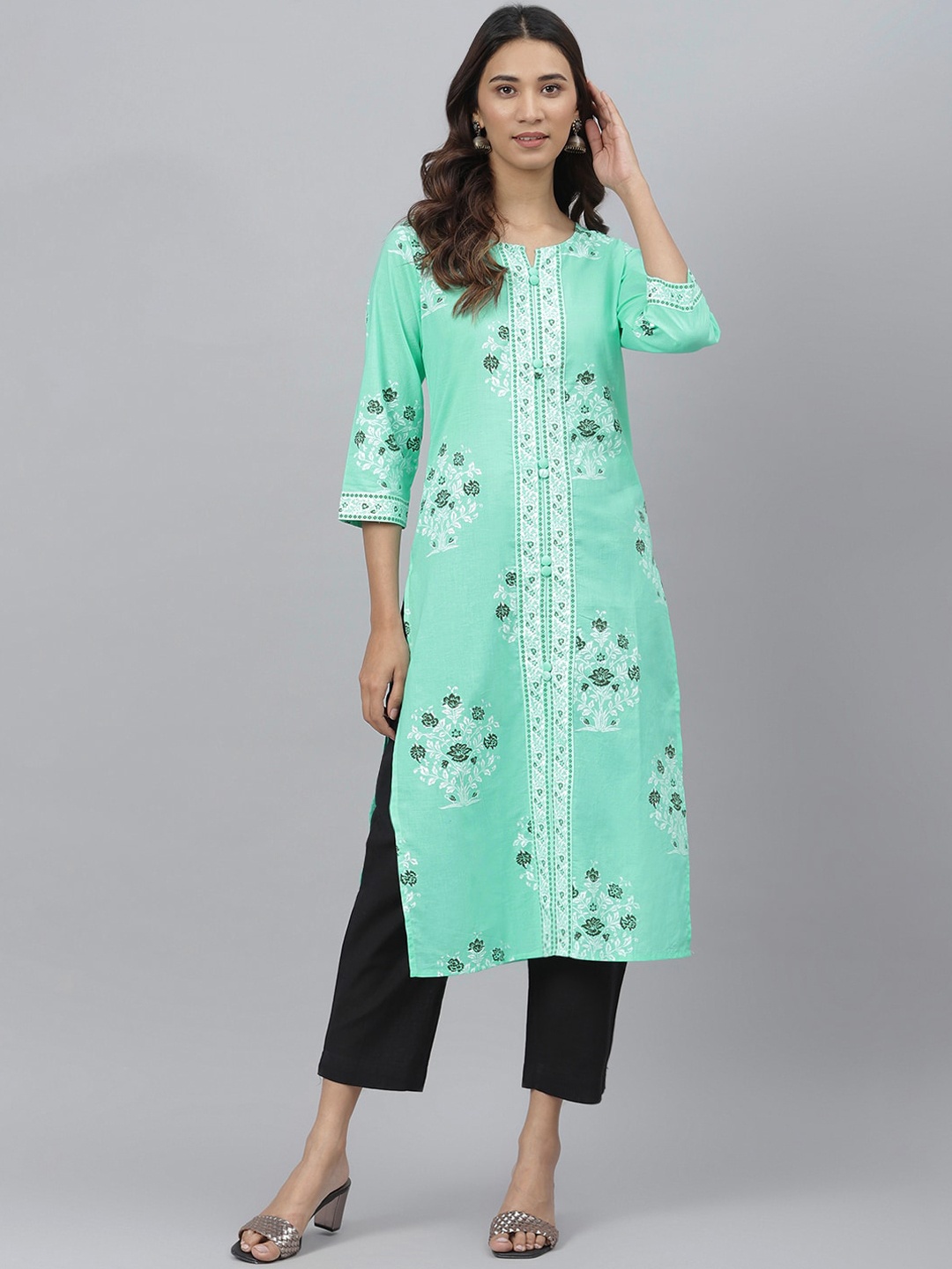 JAIPUR ATTIRE Women Sea Green Floral Printed Kurta