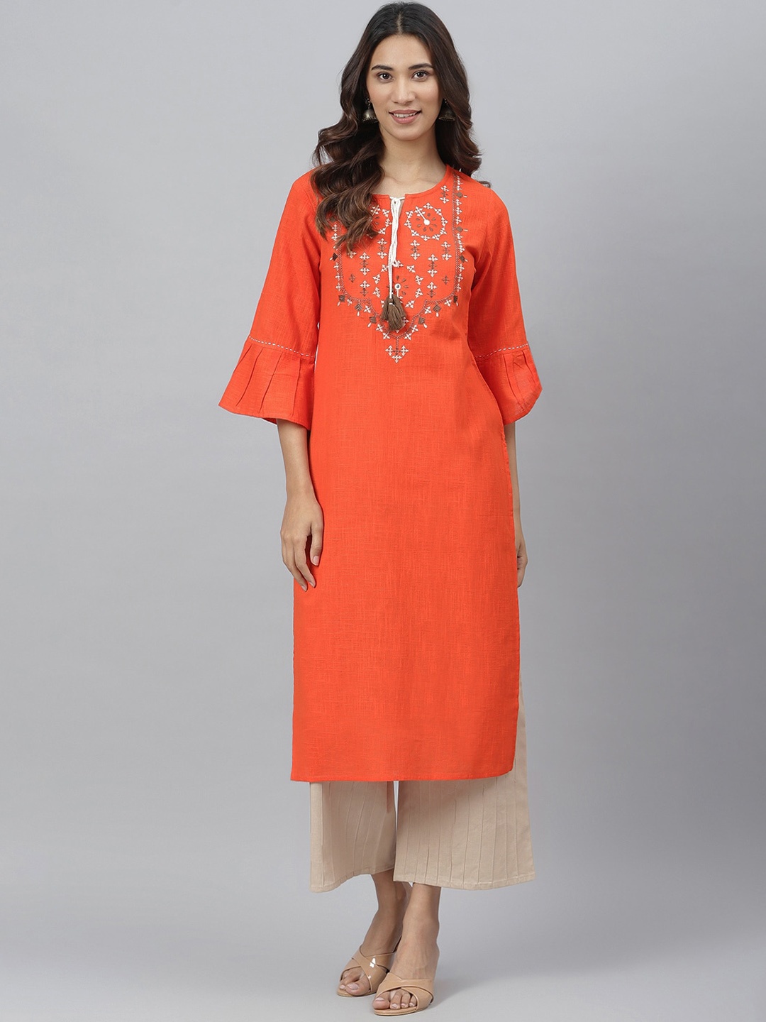 

JAIPUR ATTIRE Women Orange Yoke Design Flared Sleeves Thread Work Cotton Kurta