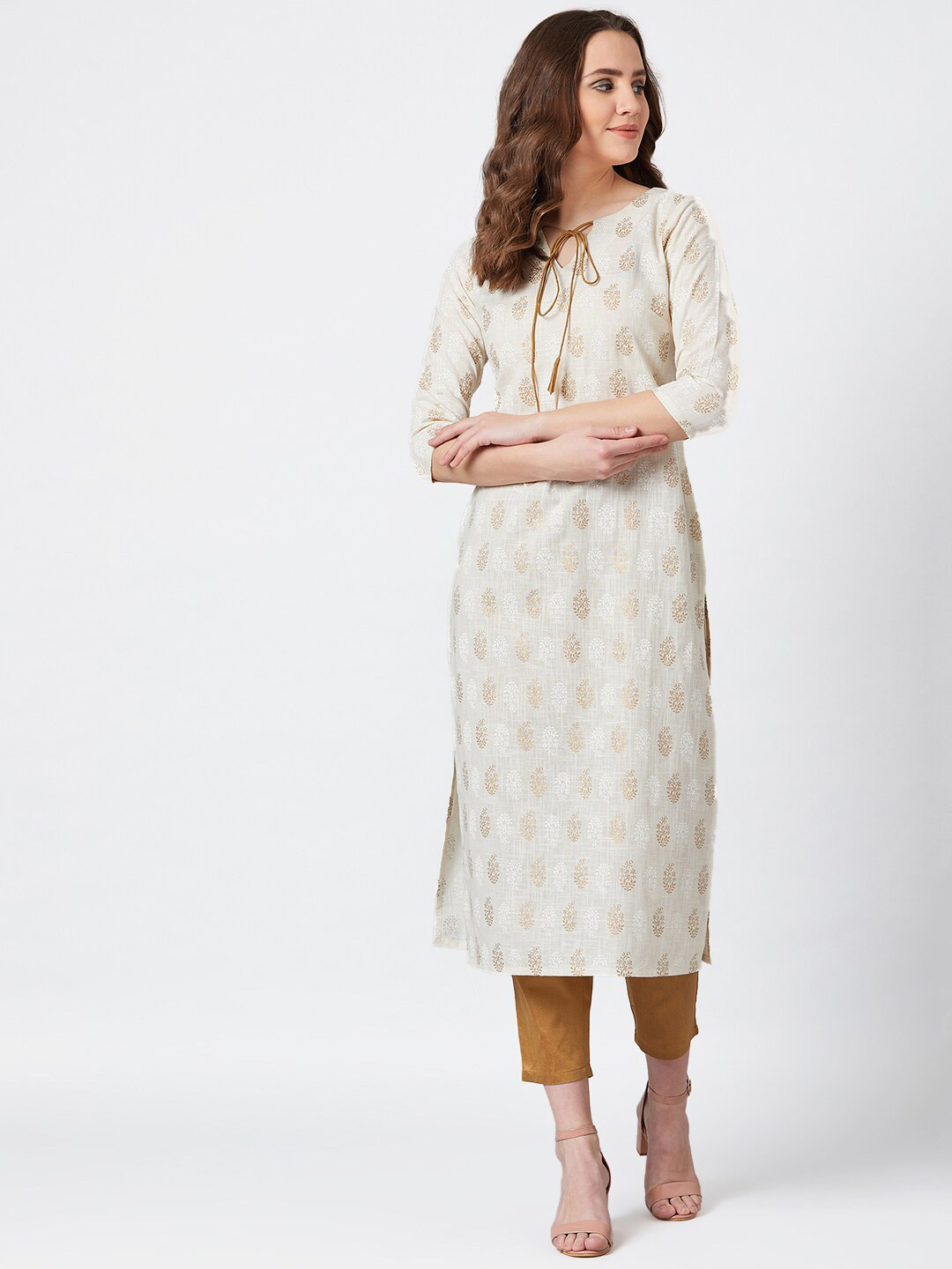 

PANIT Women Off White & Gold-Toned Ethnic Motifs Printed Kurta