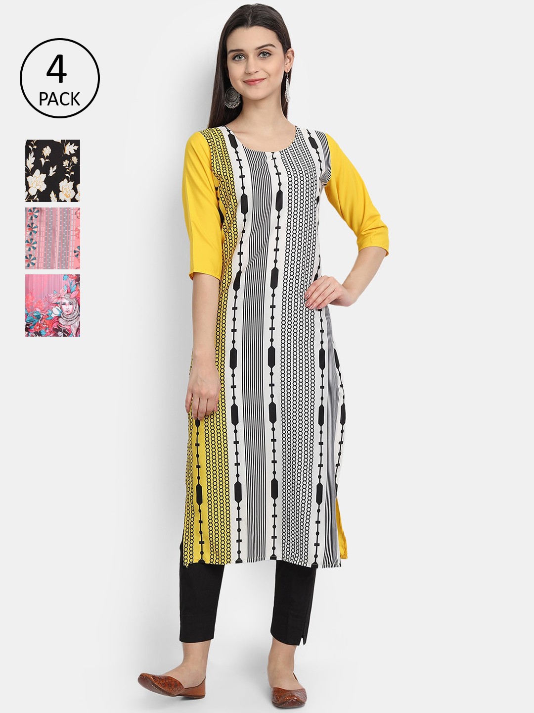 

Ethnic basket Women Set of 4 Multicoloured Striped Crepe Kurta, Multi