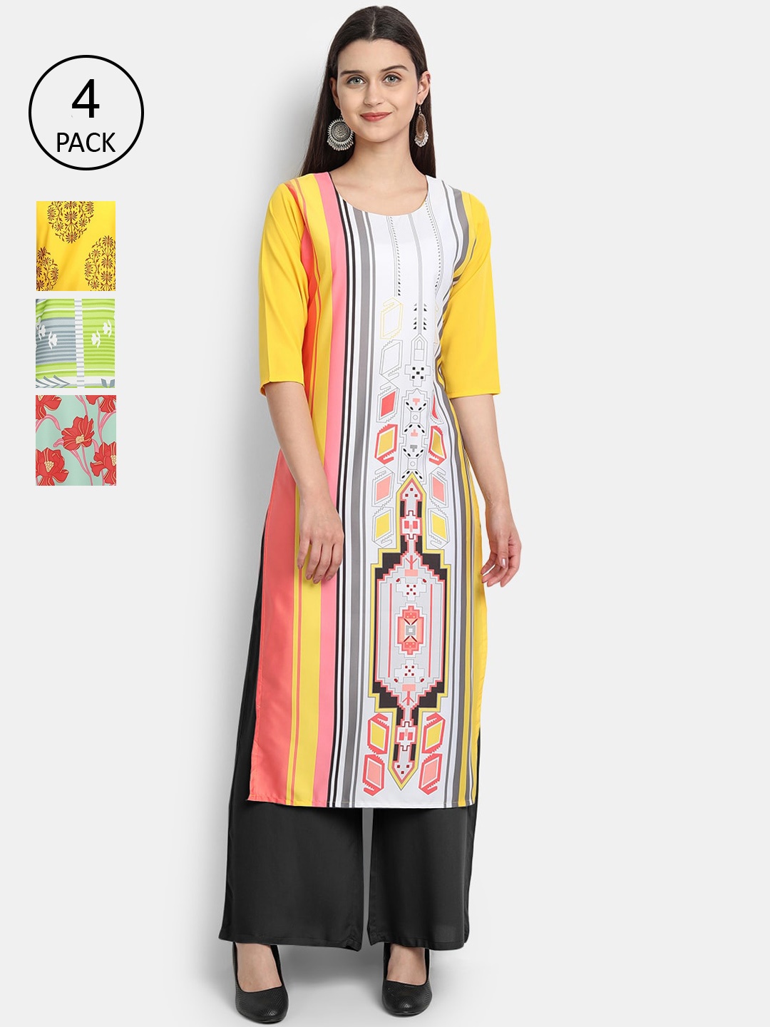

Ethnic basket Women Pack Of 4 Multicoloured Floral Printed Crepe Kurta, Multi