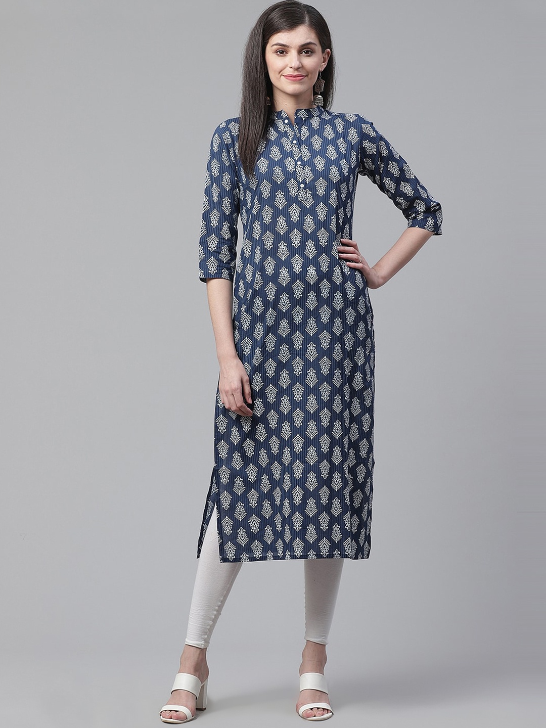 

Indo Era Women Blue & Off White Ethnic Motifs Printed Kurta