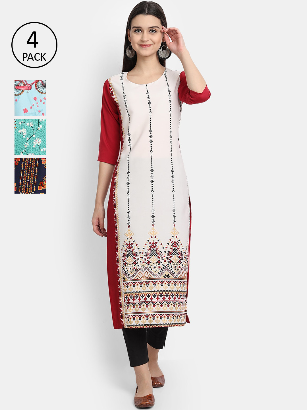 

Ethnic basket Women Pack Of 4 Multicoloured Geometric Printed Crepe Kurta, Multi