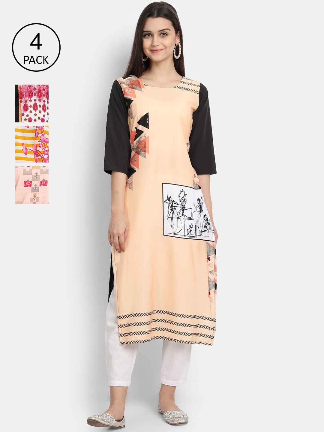 

Ethnic basket Women Pack Of 4 Printed Crepe Kurtas, Beige
