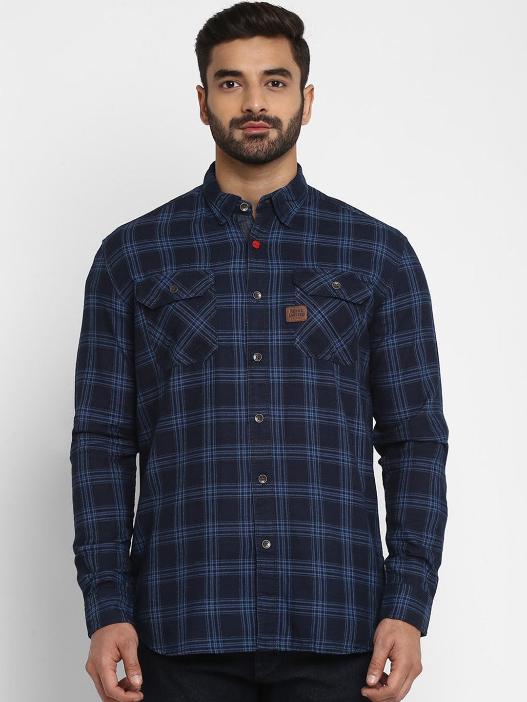 

Royal Enfield Men Navy Blue & Black Regular Fit Checked Casual Shirt
