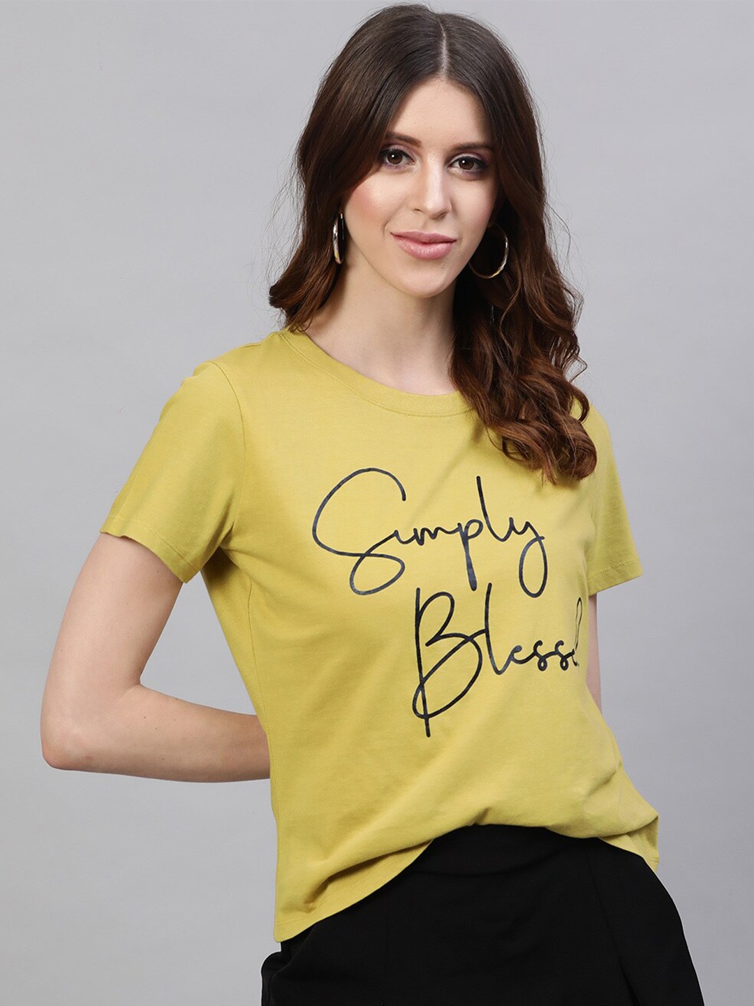 

STREET 9 Women Yellow Printed Round Neck Pure Cotton T-shirt