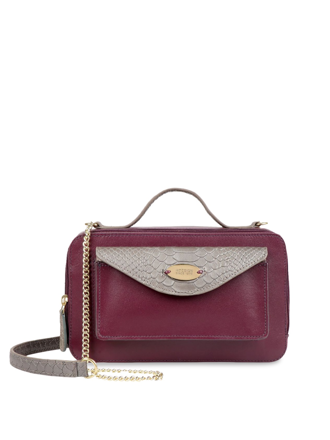 

Hidesign Purple & Grey Colourblocked Animal Printed Handheld Bag