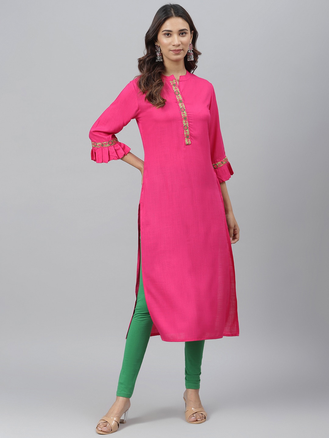 

JAIPUR ATTIRE Women Pink Floral Yoke Design Flared Sleeves Kurta
