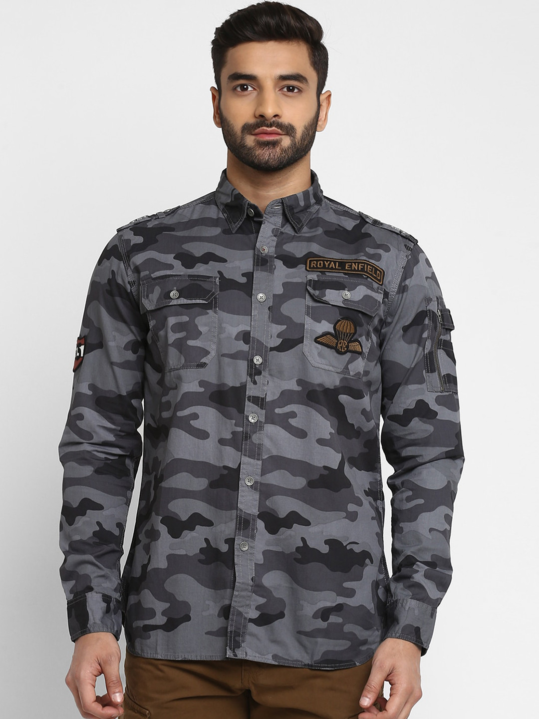 

Royal Enfield Men Grey Regular Fit Printed Casual Shirt