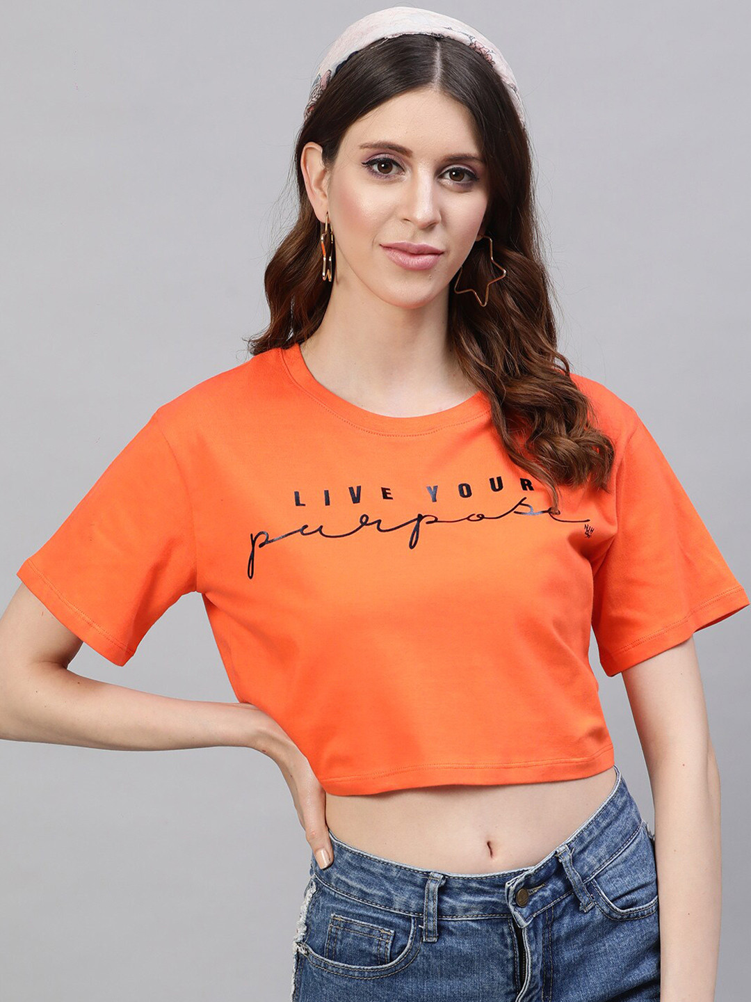 

STREET 9 Women Orange Printed Round Neck Pure Cotton Crop Pure Cotton T-shirt