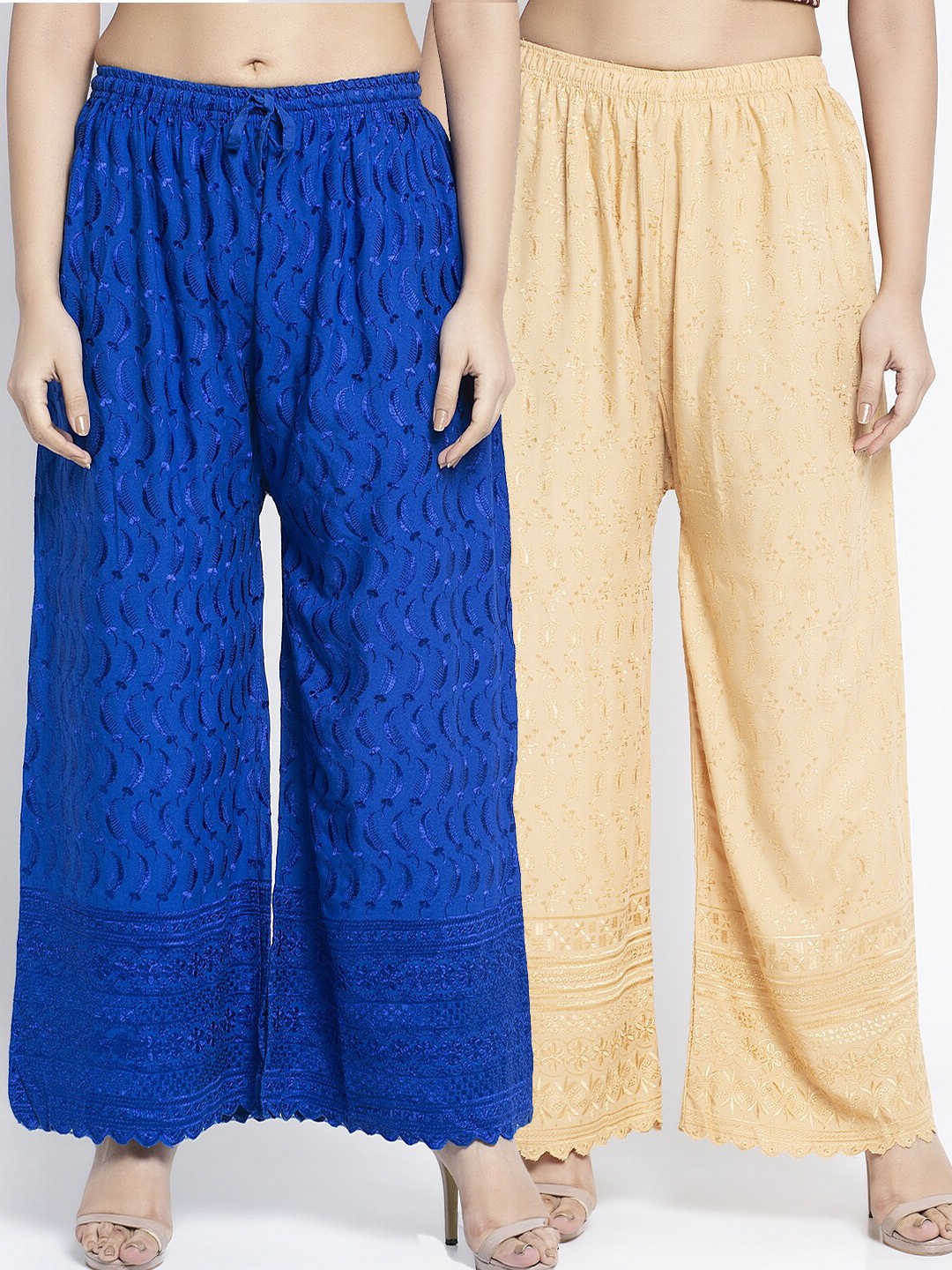 

GRACIT Women Blue & Beige Embroidered Wide Leg Palazzos