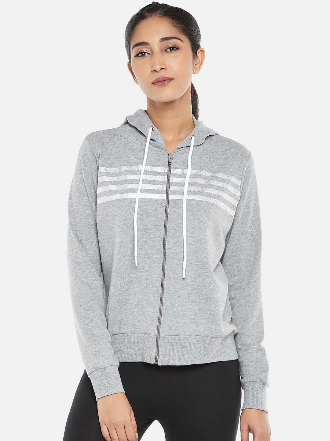 

Ajile by Pantaloons Women Grey Melange & Silver Striped Hooded Cotton Sweatshirt