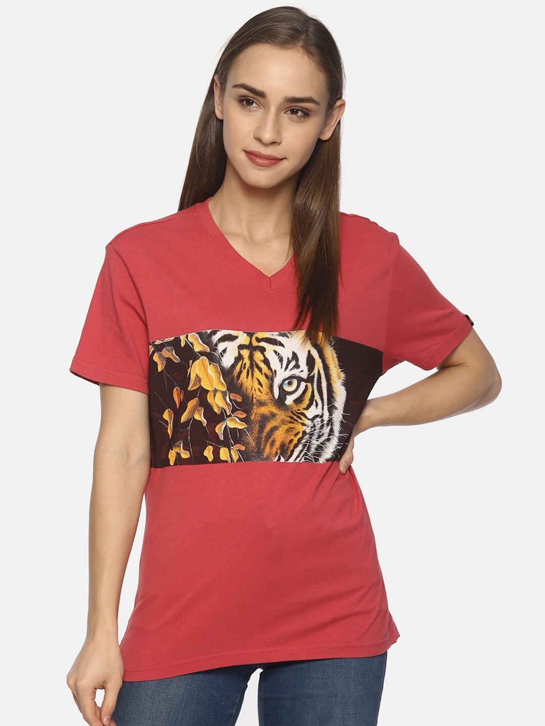 

Wolfpack Women Pink Printed V-Neck Cotton T-shirt