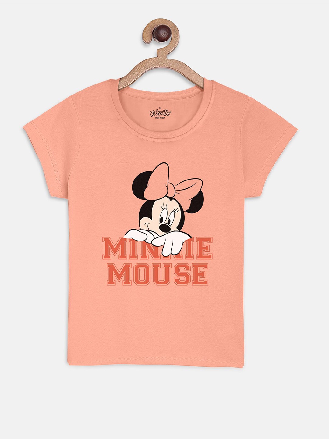

Kids Ville Girls Peach-Coloured Minnie Mouse Printed Round Neck Pure Cotton T-shirt