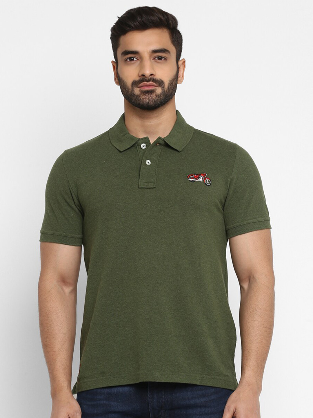 

Royal Enfield Men Olive Green Solid Polo Collar T-shirt