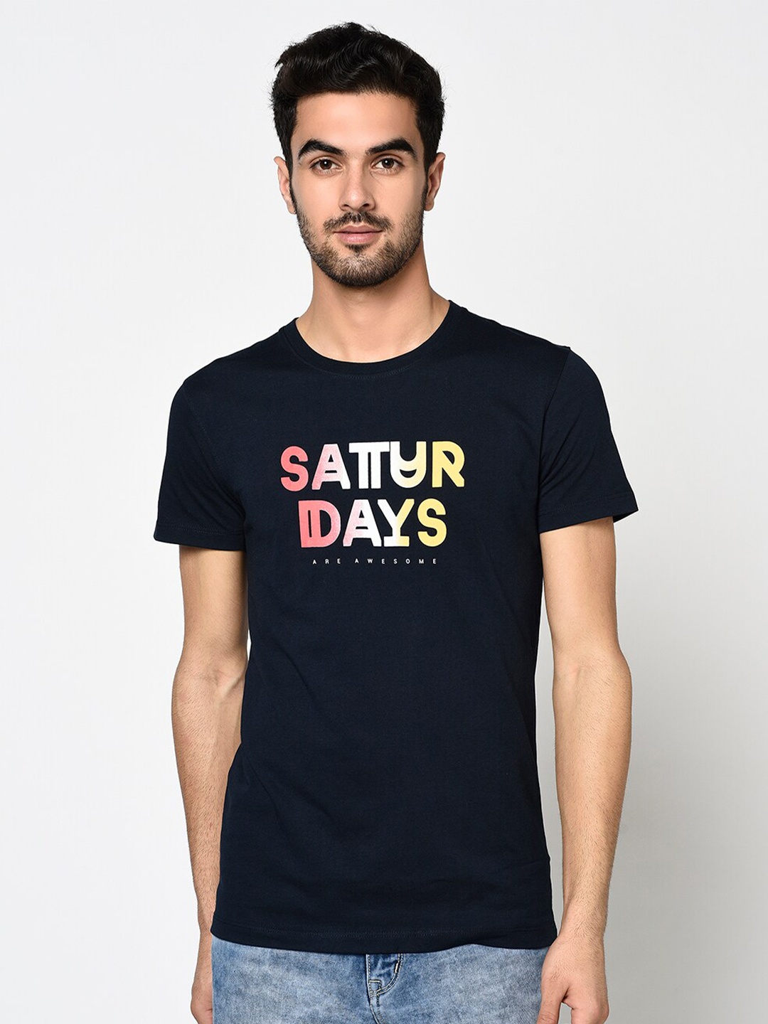

Octave Men Navy Blue Typography Printed Cotton T-shirt