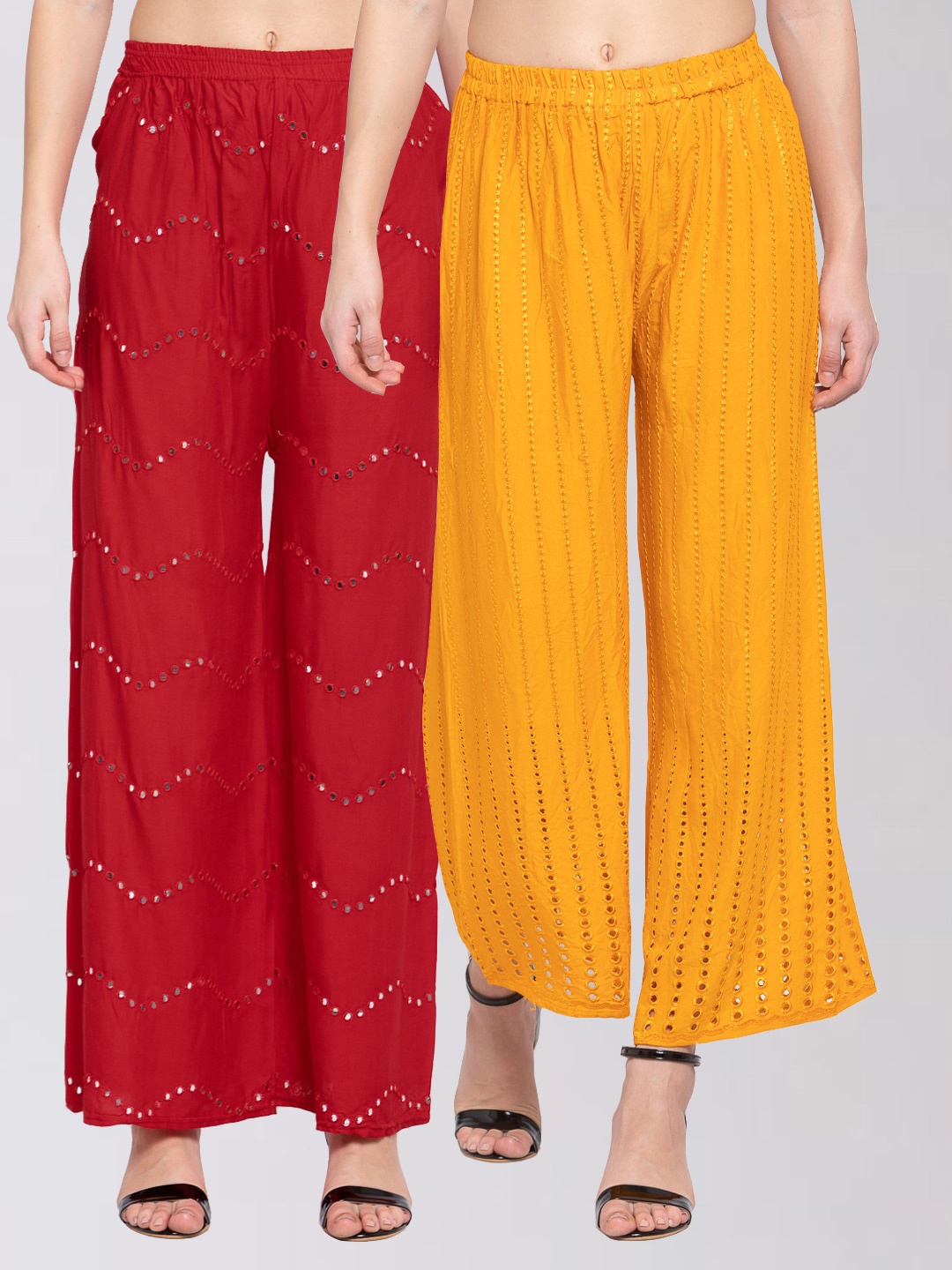 

KLOTTHE Women Pack Of 2 Yellow & Red Embroidered Wide Leg Palazzos