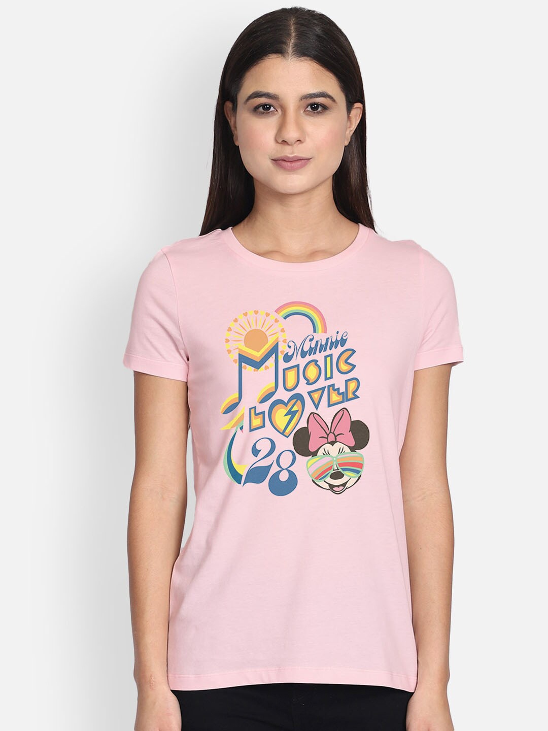 Free Authority Women Pink Printed Mickey Friends Round Neck Pure Cotton T-shirt