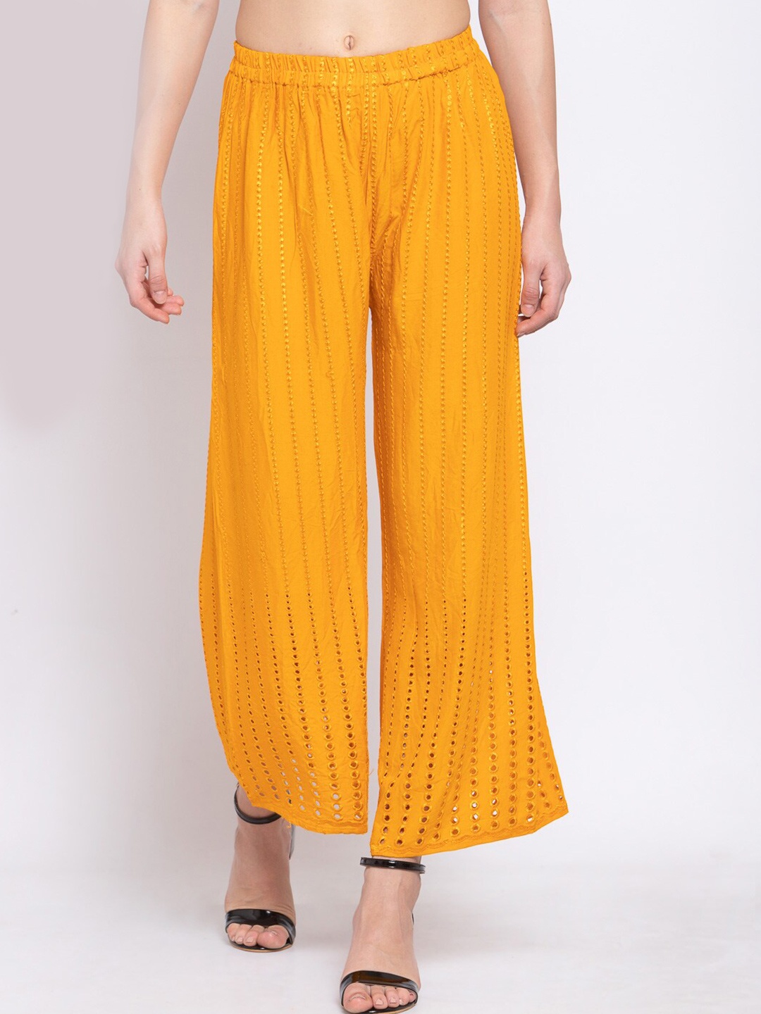 

KLOTTHE Women Mustard Yellow Embroidered Wide Leg Palazzos