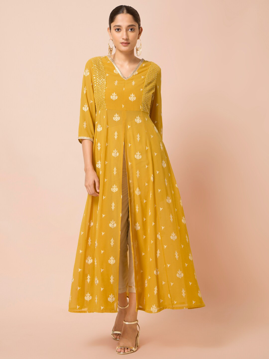 

INDYA Mustard Yellow & White Embroidered Panelled High Slit Tunic