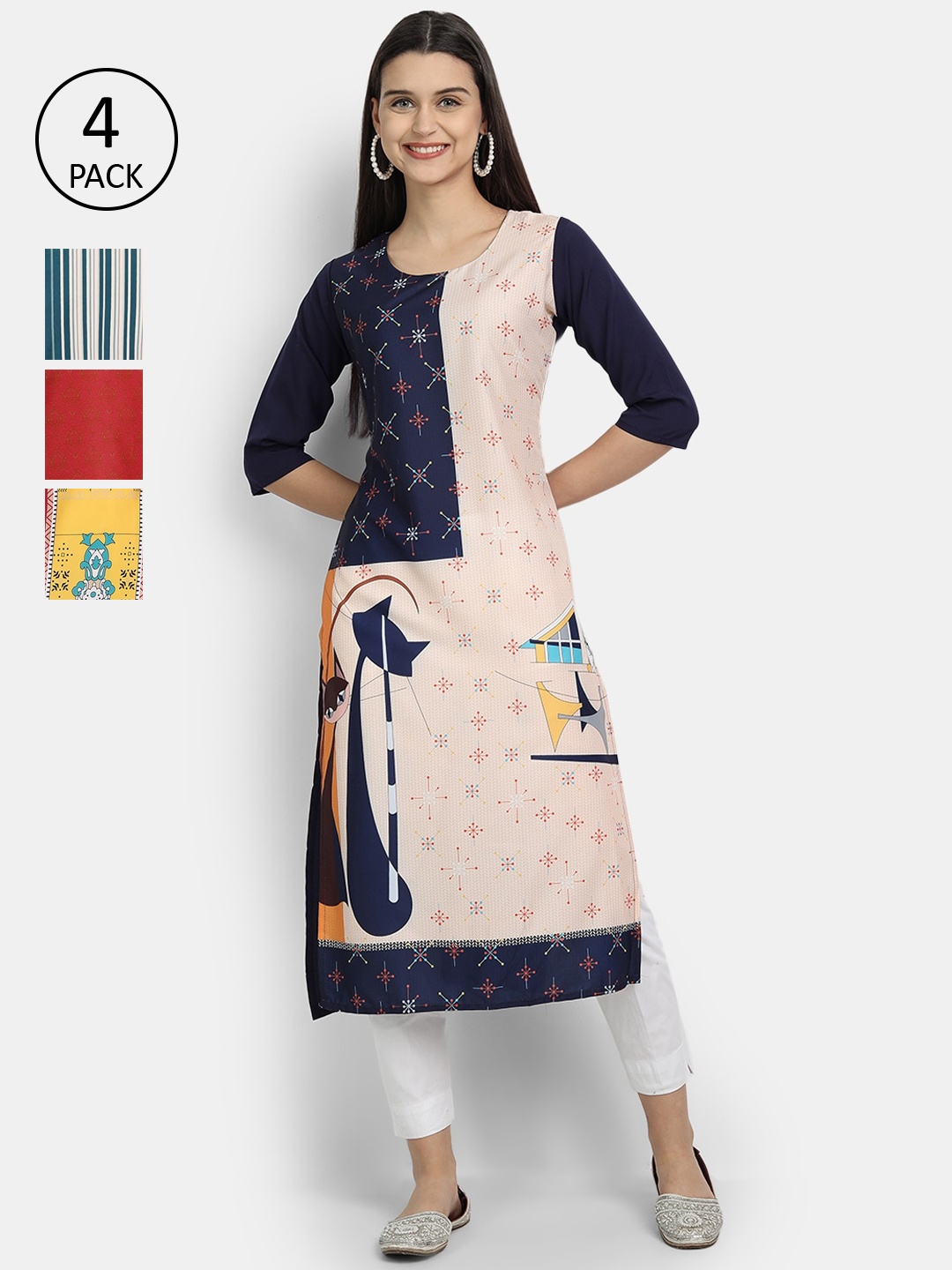 

Ethnic basket Women Pack Of 4 Printed Crepe Kurta, Red