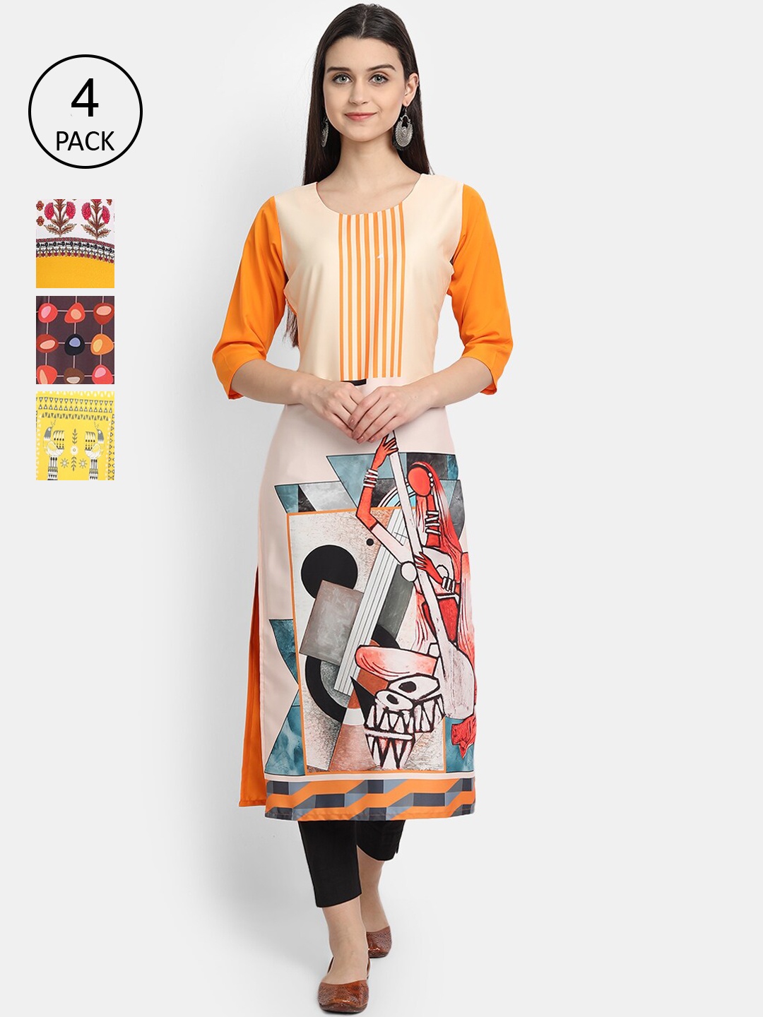 

Ethnic basket Women Pack Of 4 Printed Crepe Kurtas, Peach