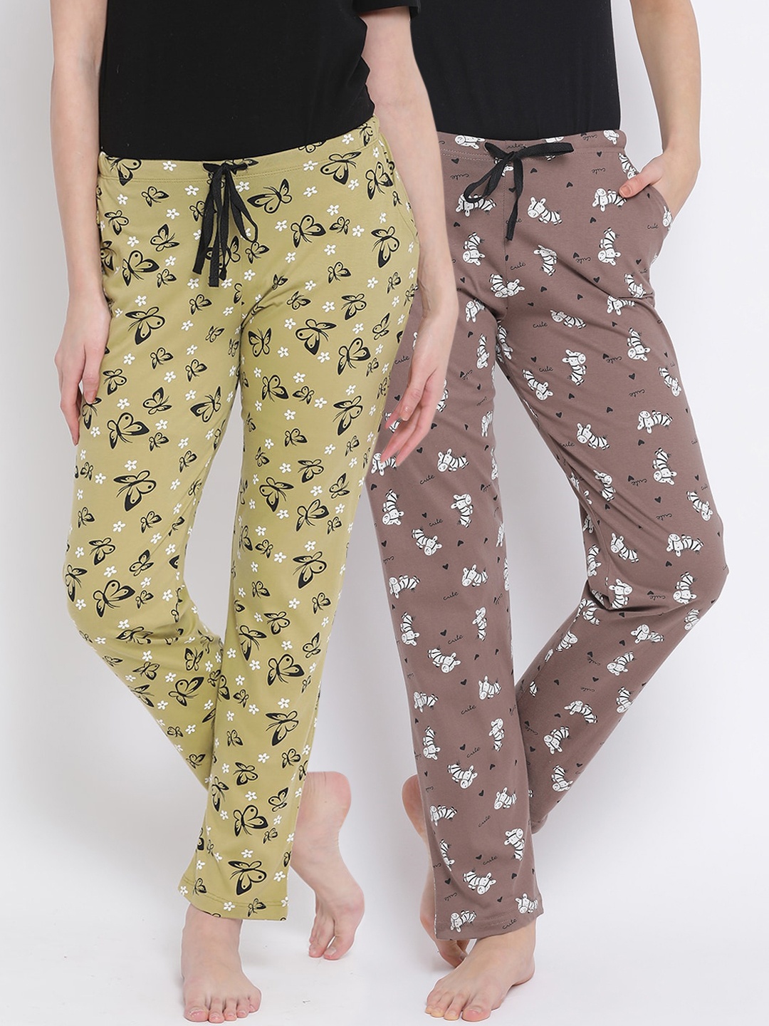 

Kanvin Women Pack Of 2 Printed Pure Cotton Lounge Pants, Brown