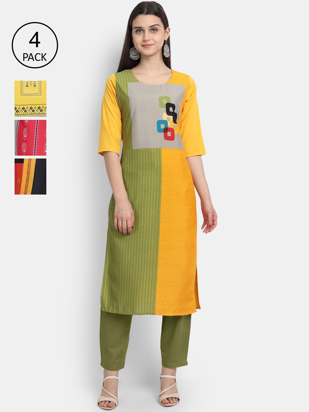 

Ethnic basket Women Pack Of 4 Printed Crepe Kurta, Yellow