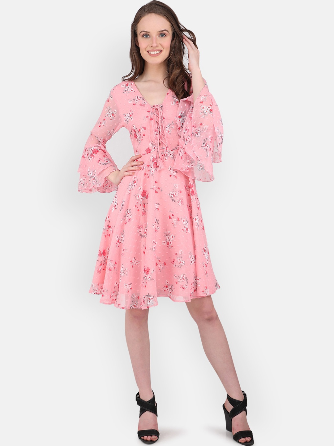 

MARC LOUIS Peach-Coloured Floral Tie-Up V-Neck Chiffon Dress