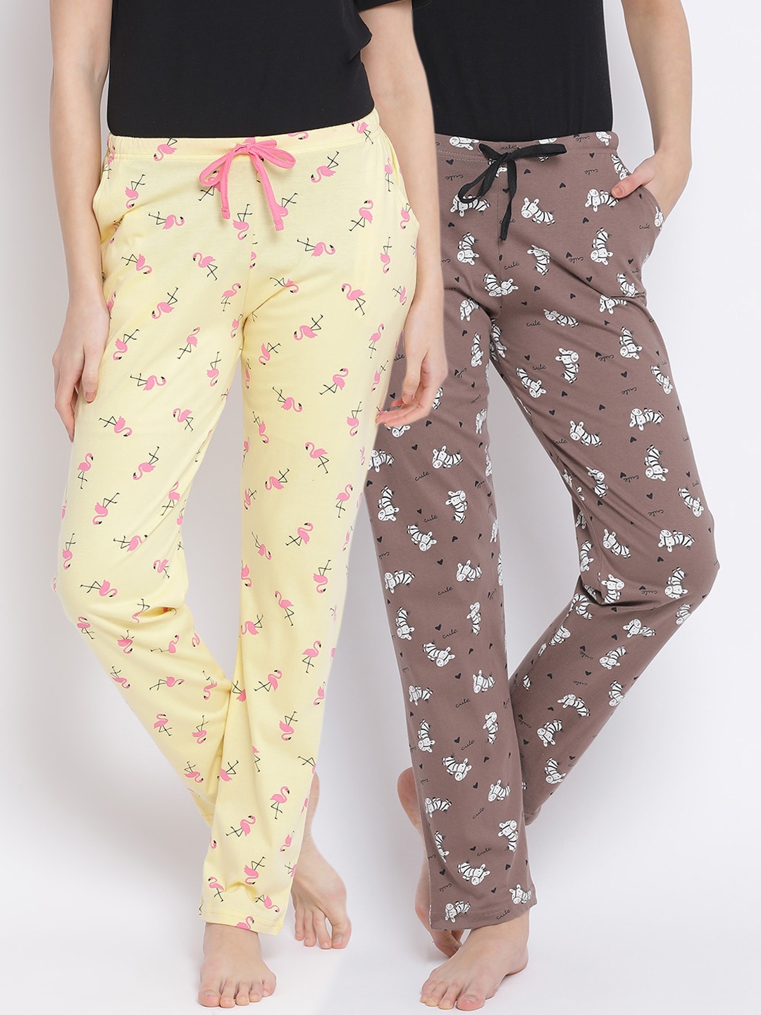 

Kanvin Women Pack Of 2 Printed Pure Cotton Lounge Pants, Brown