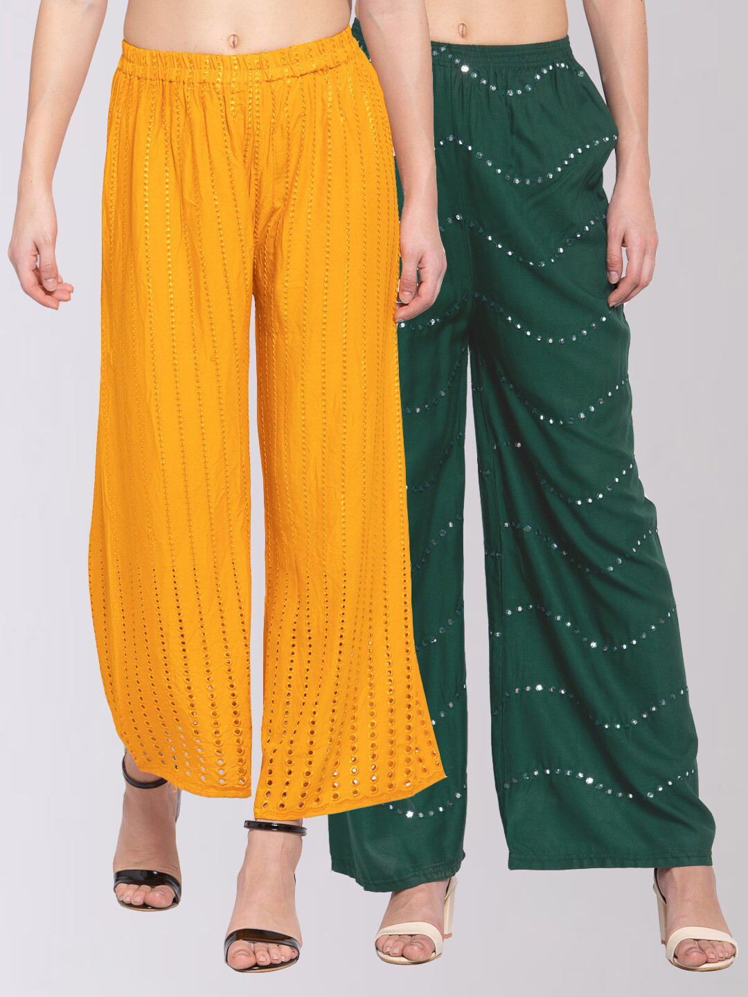 

KLOTTHE Women Green & Yellow 2 Embroidered Ethnic Palazzos