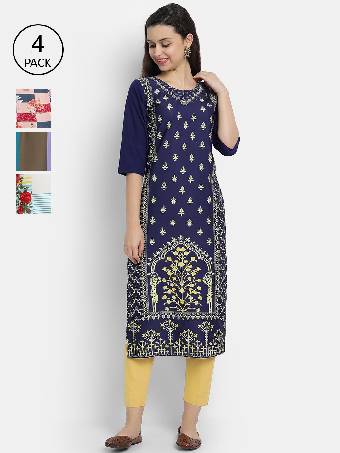 

Ethnic basket Women Pack Of 4 Printed Crepe Kurtas, Multi