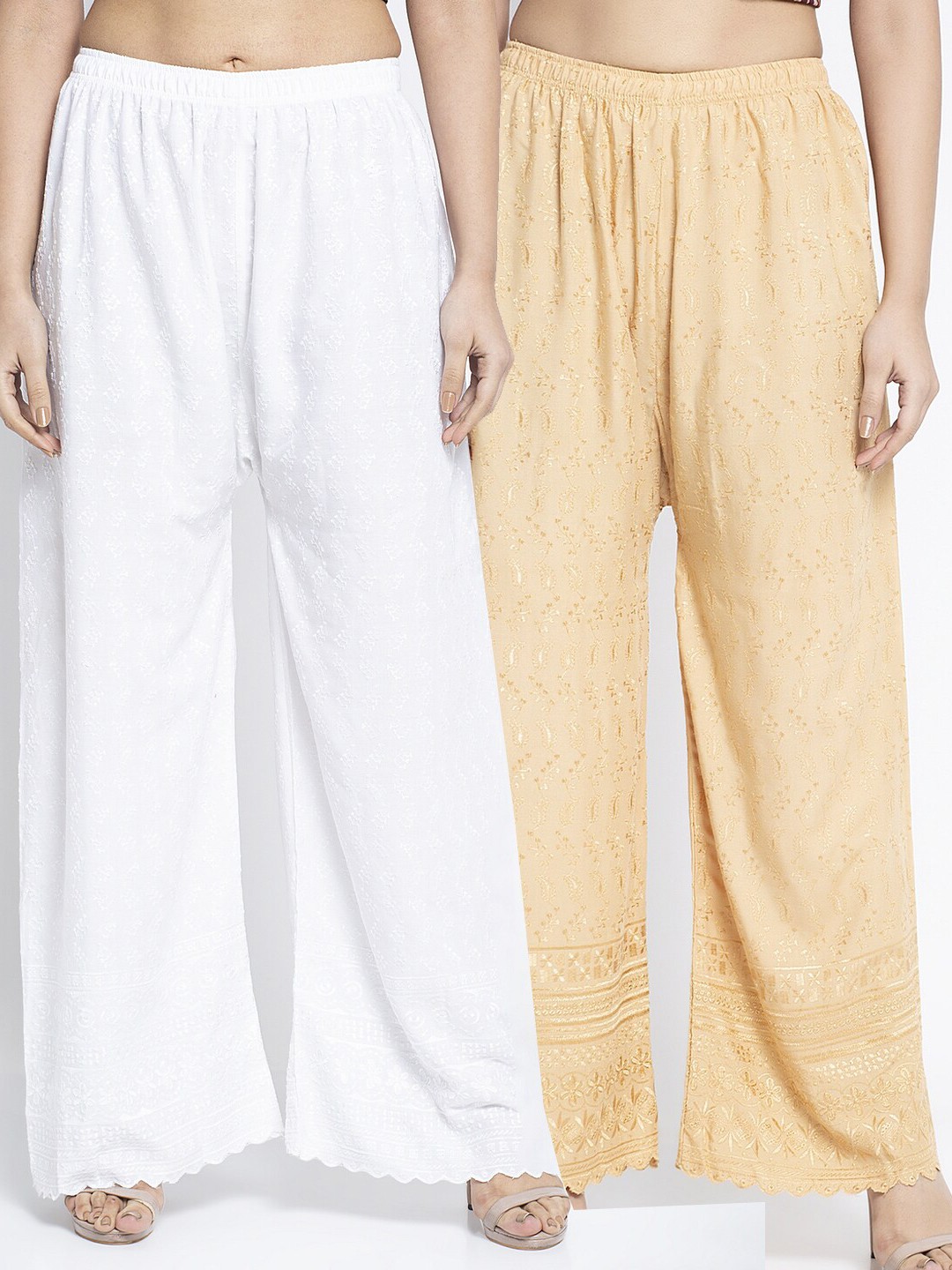 

GRACIT Women Pack of 2 Embroidered Wide Leg Palazzos, White